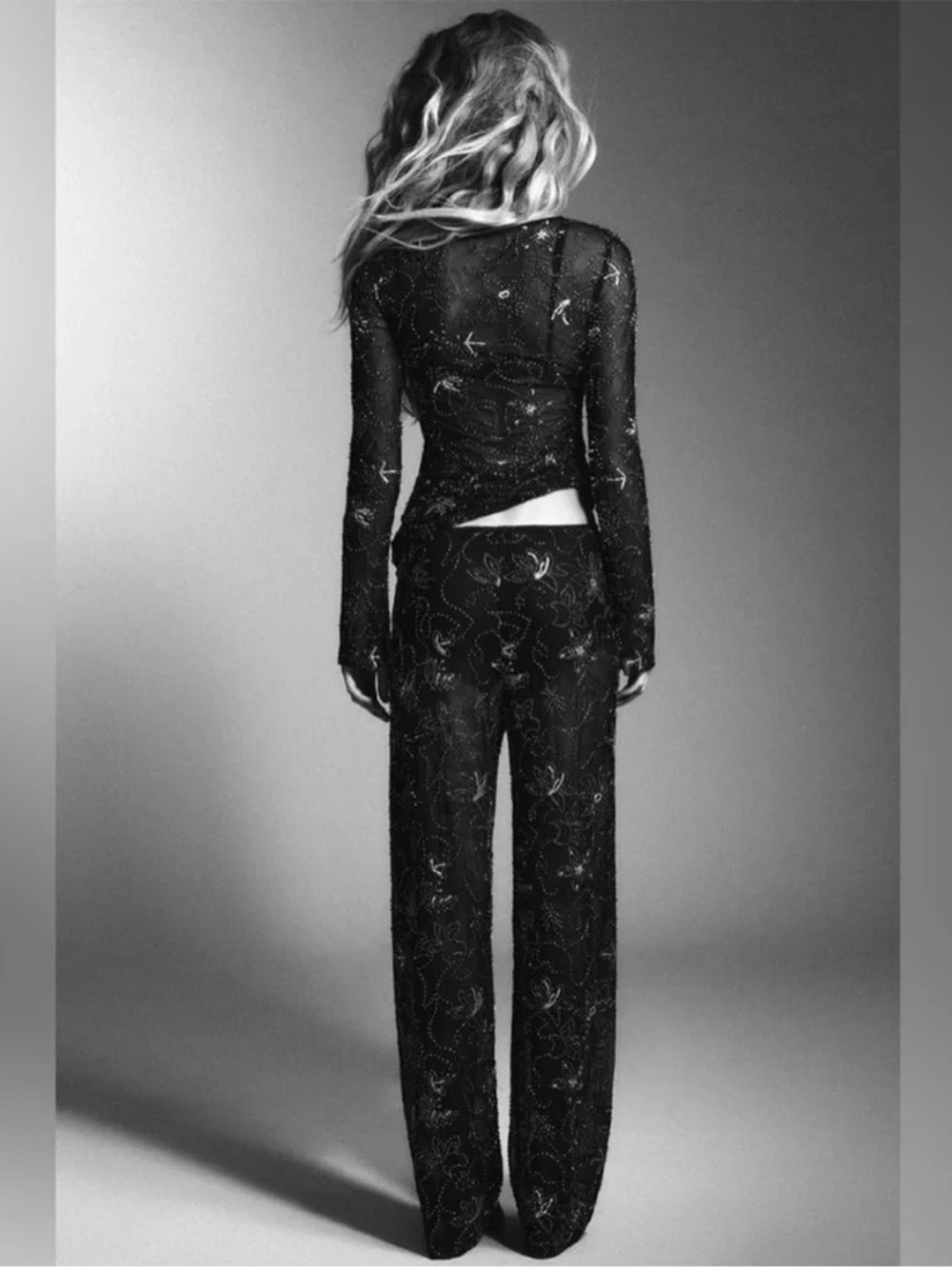 NWT. Zara Black Semi-Sheer Beaded Sequin Mid-Waist Trousers. Size M. - Picture 8 of 12